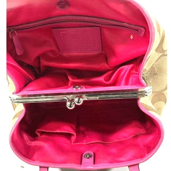 Coach Khaki and Pink Signature Jacquard Kiss-lock 3 Way Entry Shoulder Bag Purse - Picture 9 of 9